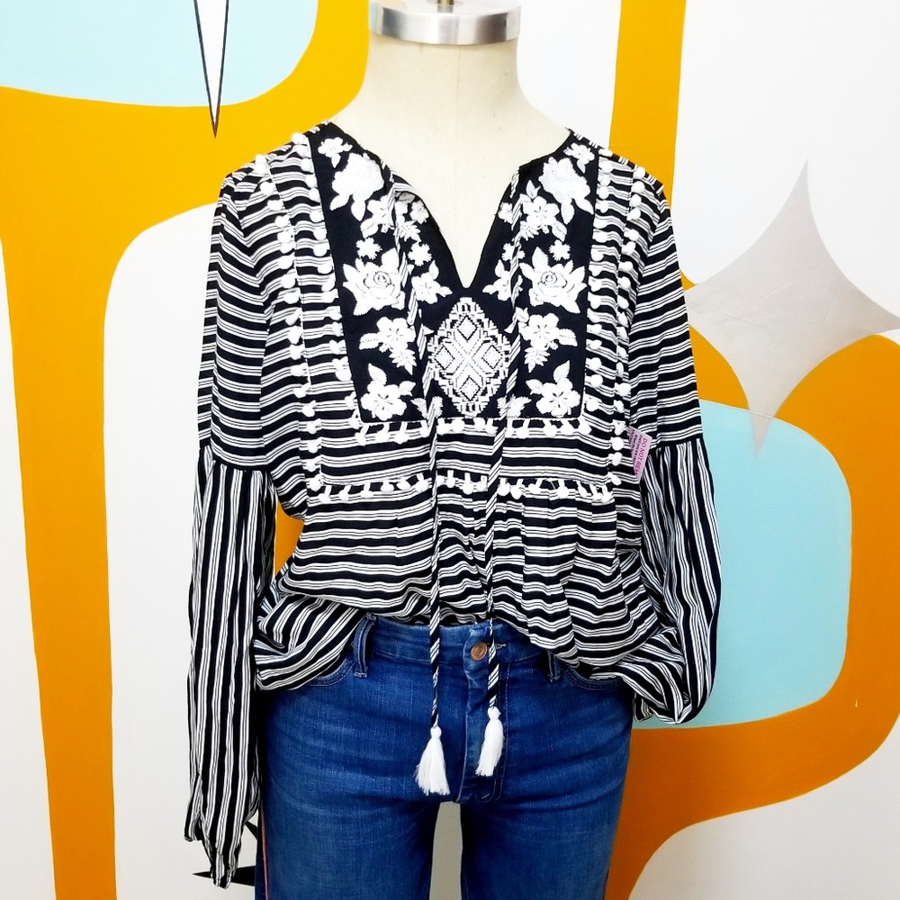 Black and White Embroidered Top
